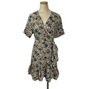 Ghospell wrap dress tan green floral ruffle hem short sleeve soft S